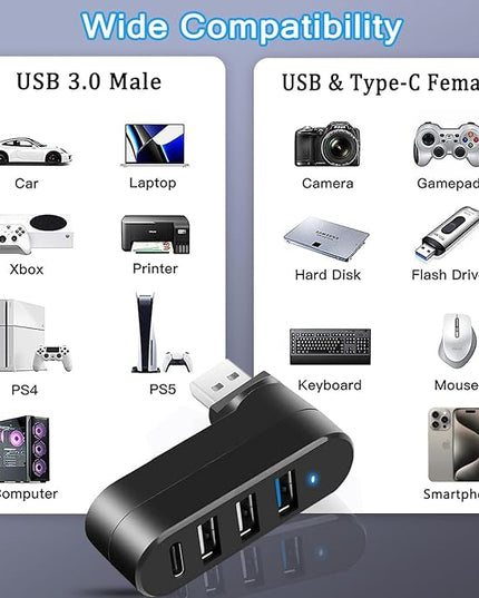VIENON 4-Port USB 3.0 Hub [90°/180° Degree Rotatable], USB Splitter with PD-in 5W USB C Port, USB Extender for Laptop, Car, iMac, MacBook Air, MacBook Pro, and More