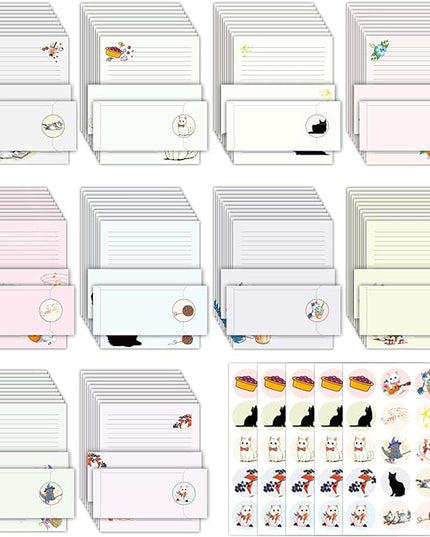 EggSun 250Pcs Cute Stationery Paper and Envelope Set with 100 Letterhead Papers and 50 Envelopes, 10 Design for Letter Writing Invitations Computer Holidays Party Notes, 8.5x11 Inch- Lined Cat