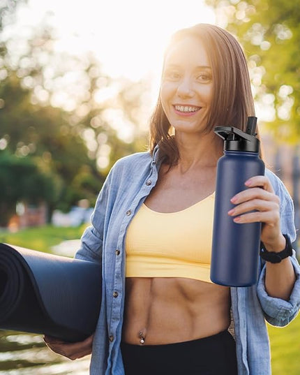 DOMICARE 40 oz Insulated Water Bottle Bulk, Vacuum Insulated Stainless Steel Sports Water Bottle with Straw Lid & Spout Lid, Leakproof, Reusable - Travel, Camping, Bike, Navy Blue (4 Pack)