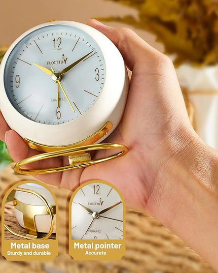 FLOITTUY Silent Table Analog Alarm Clock No Ticking, Lighted on Demand and Battery Operated, Beep Sounds, Small Desk Clock(White)