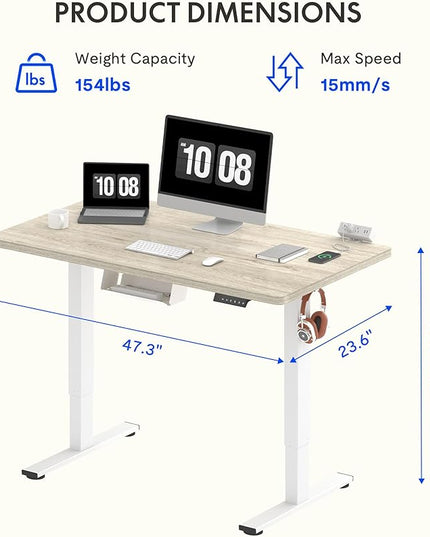 FLEXISPOT EN2 Whole-Piece Standing Desk with Clamp Power Strip, 48 x 24 Electric Stand Up Height Adjustable Desk with Cable Management (White Frame + 48" White Wood Grain Desktop)