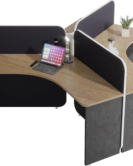 3 Person Office Cubicle Desk Workstation with Drawers & Built-in Power Outlets, Adjustable Wall Partitions, Layouts for Startups and Modern Workspaces,Black Fabric Panels