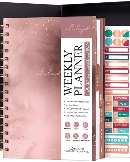 PLANBERRY Hourly Schedule Planner Premium – Undated Weekly Organizer with Time Slots & Monthly Budget – Time Management, Goal Setting, to-Do List & Habit Tracker –6.9″x8.5″(Rose Gold)
