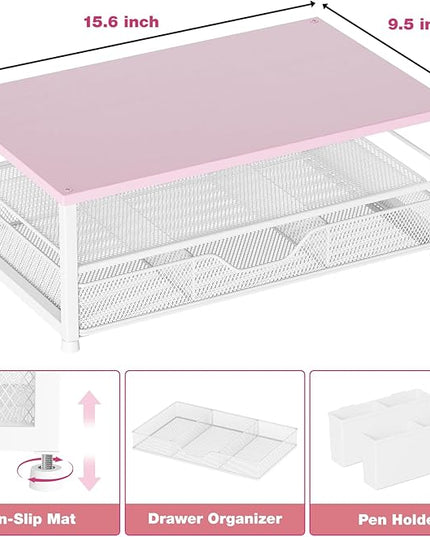 OPNICE Desk Organizers and Accessories, 2-Tier Computer Monitor Stand Riser with Drawer and 2 Pen Holders, Laptop Stand, Office Desk Accessories for Office Supplies, Pink Wood