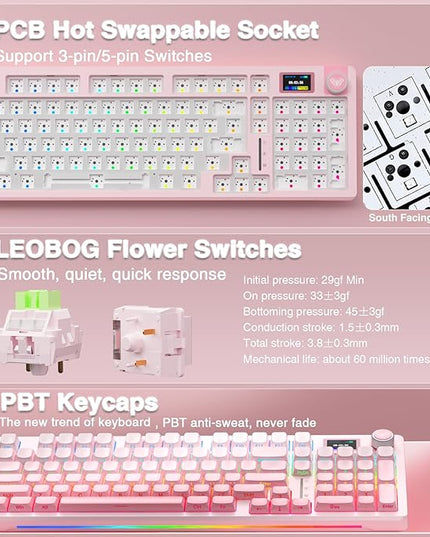 AULA S98 Pro Wireless Mechanical Keyboard with Screen & Knob,2.4GHz/USB-C/BT5.0 Hot Swappable Pink Creamy Keyboard,Pre-lubed Linear Switches,Side Printed PBT Keycaps,RGB Backlit Gaming Keyboards