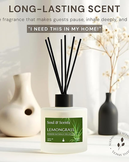 Soul & Scents Reed Diffuser Set – Lemongrass | 7.43 oz Refillable Scented Oil with 6 Fiber Sticks | Long-Lasting Home Fragrance & Air Freshener for Bedroom, Bathroom, Office | Gift & Décor Piece
