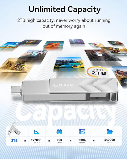 ORICO 512GB Portable Solid State Drive, 1050MB/s Dual-Port Rotating Metal External SSD with 90° Click-Stop, Reliable Storage for iPhone 16, 17 Series, Type-C Smartphone, Mac, Audio, Vehicle - A101