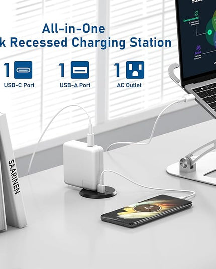 Desktop Power Grommet 2 inch Hole,PD 30W USB C Fast Charging Station,Ultra Thin Flat Plug Power Strip,Recessed Outlet,Slim Outlet Extender for Office,Table Outlets for Home,Office,6ft Cable