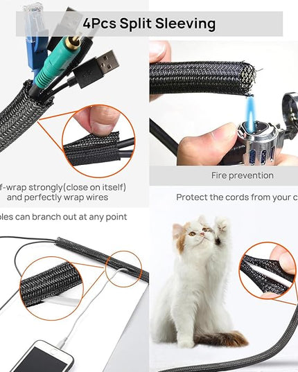 Cable Management Kit - 4 Cable Sleeve, 57 Self Adhesive Cable Clips, 12 Hanging Strips, 12 Cable Organizer Straps and 100 Fastening Cable Ties for TV Computer Under Desk (Black and White)