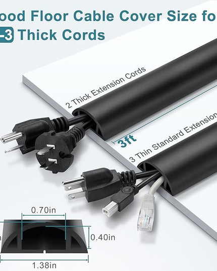 3FT PVC Cord Hider, Black Floor Cord Protector with 0.7 x 0.4 Inch Extension, Soft Wire Covers