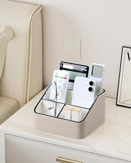 MEIBOOCH Remote Control Holder, PU Leather Small Desk Organizer with 4 Compartments, Nightstand Organizer Desk Caddy for Remote, Notepad, Phone, Glasses, and Accessories (Beige)