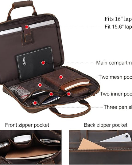 Leather Slim Briefcase for Men 15.6" Laptop Crossbody Messenger Bag Business Work Lawyer Attache Case