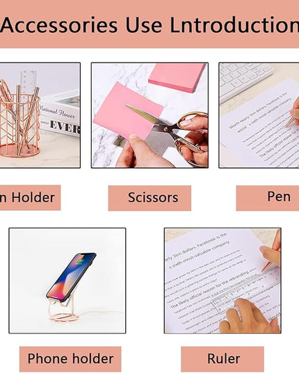 suniya Office Supplies,Desk Accessories,with Stapler,Tape Dispenser,Pen Holder Cup for Desk,Staple Remover,Scissor,Ballpoint Pen,Clear Tape, Staples,Phone Stand,Ruler,Binder,Best Gift Set(Rose Gold)