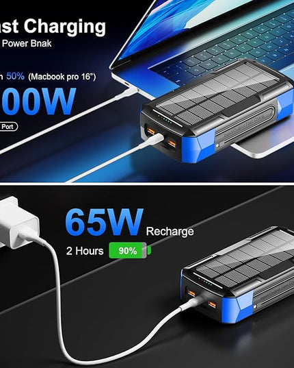 Solar Charger Power Bank 73200mAh, Portable Laptop Charger with 100W USB-C in/Output, Built-in Cables, Hand Crank Power Bank for Mobile Phones, Ideal for Outdoor Use with SOS/Strobe/Strong (blue)