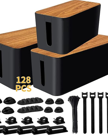 YUANYE Cable Management Box Cable Management Kit for Power Strip to Hide Wires,Cord Organizer Boxes,Safe ABS Material Wire Organizer of Cable Clips Sleeve for Home & Office,3Pack-128PCS /Black