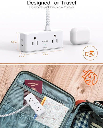 Flat Extension Cord 3 feet, Flat Plug Power Strip, 4 Widely Outlets with 3 USB Ports (2 USB C), 3 Side Outlet Extender with Extension Cord with Multiple Outlets for Home, Office, Dorm Room Essentials