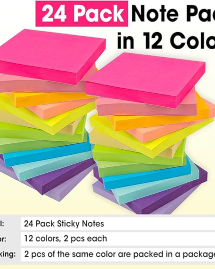24 Pads Sticky Notes 3x3, Self-Stick Pads Bulk Bright Colors, School Supplies, Office Products, 50 Sheet/Pad