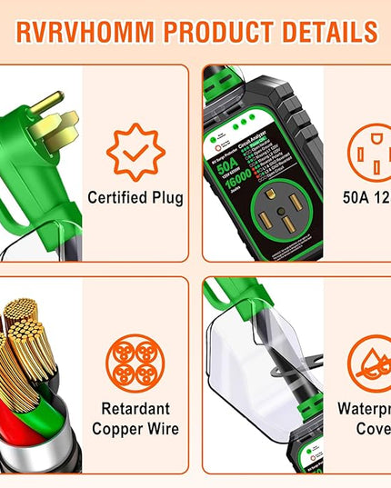 RV Surge Protector 50 Amp Flag Design - Upgraded 16000J Power Surges Voltage Protection Circuit Analyzer IP68 Waterproof Cover for 50A RVS Camper Trailer Must Haves (50Amp, Green)
