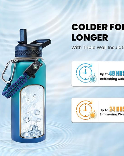 Insulated Water Bottle 32 oz, Triple Wall Vacuum Stainless Steel (Cold for 48 Hrs), Leak Proof & Non-BPA, Modern Water Flask Jug with Paracord Handle & Straw Spout Lids, Cyan Blue