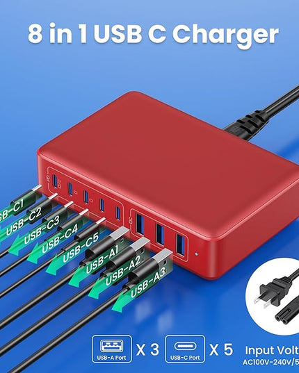 USB C Charger 300W USB C Charger Block 8-Ports GaN IV Fast Charging Station,PD 100W Laptop Charging Hub Wall Charge Adapter Compatible with MacBook/Air,DELL,Steam Desk,iPhone 16/15/14,Galaxy