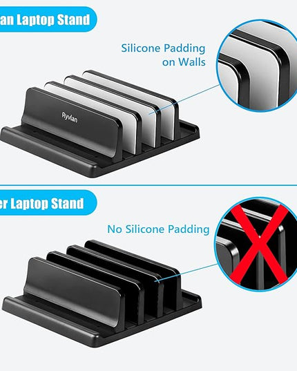 Ryvlan Vertical Laptop Stand, 3 Slot Adjustable Laptop Storage Rack and Desk Organizer, Silicone-Padded Holder for Multiple Devices Storage, Compatible Stand for Tablets and Devices up to 17 Inches