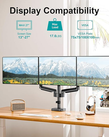 MOUNT PRO Triple Monitor Mount, 3 Monitor Desk Arm fits Three Max 27" LCD Computer Screens, up to 17.6lbs Each, Premium Gas Spring Display Stand with Tilt Swivel Rotation, Vesa Mount 75x75,100x100