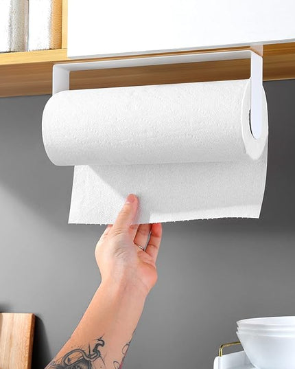 YIGII Adhesive Paper Towel Holder Under Cabinet - Stainless Steel Paper Towel Rack Stick on Wall Mount for Kitchen, White
