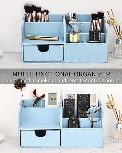 KINGFOM Pu Leather Desk Organizer Pen Pencil Holder Office Supplies Caddy Storage Box 6 Compartments with Drawer Blue