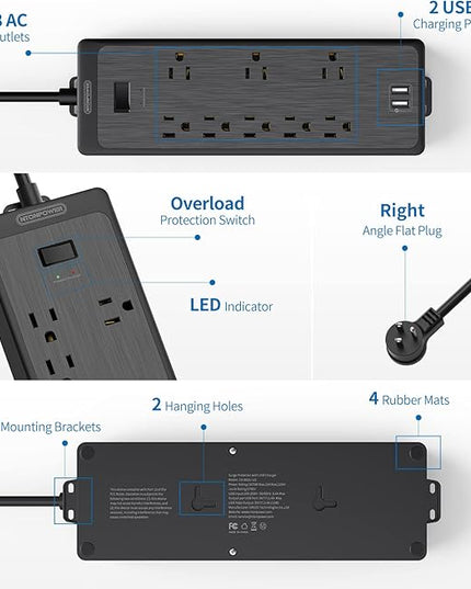 15 FT Long Extension Cord, NTONPOWER Power Strip Surge Protector with 8 Outlet(3 Widely Spaced) and 2 USB Ports, 1875W/15A, Wall Mount, Desktop Charging Station for Home, Office and Dorm Essential