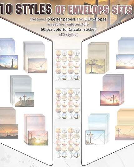 TaoBary 160 Pcs Stationery Paper Set 50 Double Sided Stationery Papers with 50 Matching Envelopes and 60 Round Dot Sticker, 10 Design(Religious Letter with Cross,5.5 x 8.25 Inch)