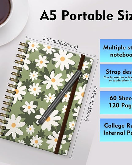 Cute Spiral Journal Notebook,A5 Hardcover Lined Journals for Women Girl 6 x 8.3 in,120 Pages Thick Paper,Cute College Ruled Writing Notebook for Gifts Office Work School (Cute Green Daisy)