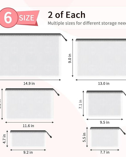 Umriox Zipper Bags, 6 Assorted Size (Black, 12 Packs), Project Bags for Cross Stitch, Mesh Zipper Pouch for Office Supplies Travel Accessories and Board Games Storage