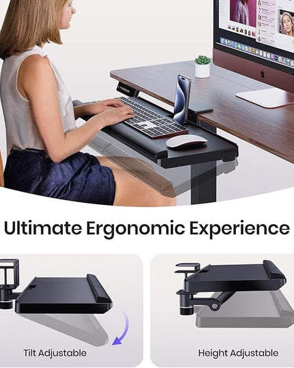 Klearlook Upgraded Adjustable Keyboard Tray for Above Desk & Under Desk Use - Ergonomic Sit-Stand Keyboard Riser with 360° Rotation, 24.4"×10" Keyboard Stand with Wrist Rest & Storage Drawer - Black
