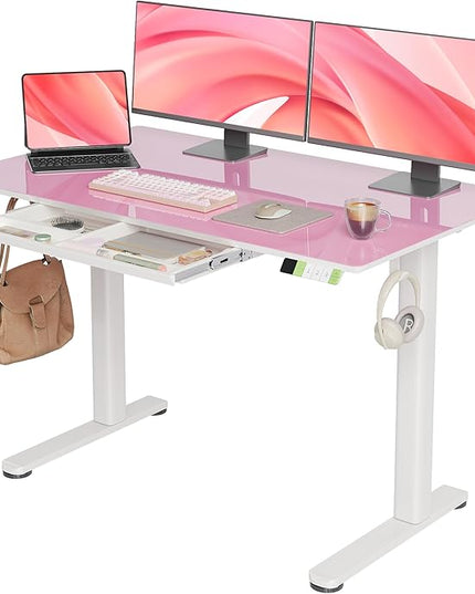 INNOVAR Glass Standing Desk with Drawers, Adjustable Height Stand Up Desk, Electric Standing Desks with Storage, 48 inch, Morandi Powder