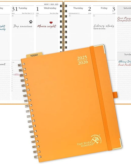 POPRUN Academic Planner 2025-2026 (July 2025-June 2026), Daily Weekly and Monthly Appointment Book (Wirebound Hard Cover - 10'' x 8'') with Hourly Time Slots, Tabs, 100 GSM - Orange