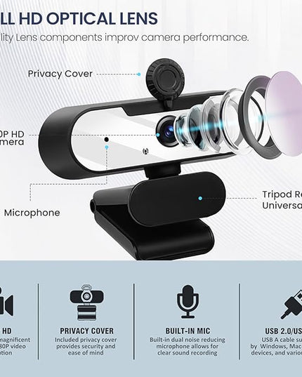 USB HD 1080P Video Webcam and Wide Angle Camera with Built-in Microphone and Rotatable Tripod,for Laptop Computer or Desktop PC,Great for Live Streaming.Calls.Video Conferencing -1 (White)