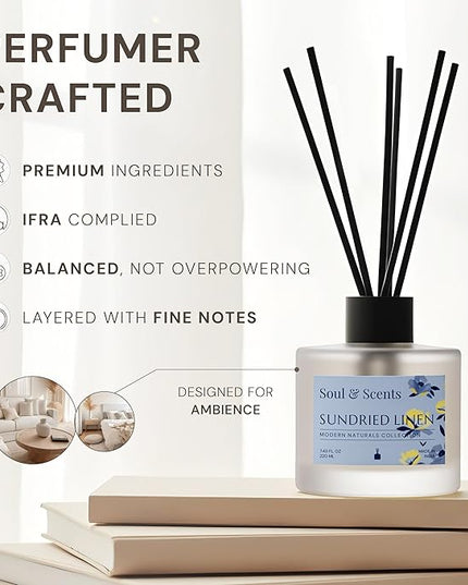 Soul & Scents Reed Diffuser Set – Sundried Linen | 7.43 oz Refillable Scented Oil with 6 Fiber Sticks | Long-Lasting Home Fragrance & Air Freshener for Bedroom, Bathroom, Office | Gift & Décor Piece