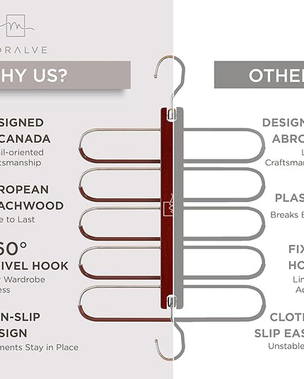 MORALVE Pants Hangers Space Saving - European Beechwood Scarf and Jean Hangers - Closet Organizer and Space Saver Pant Rack, Leggings Hanger, and Scarf Holder with 360° Swivel Hook (1 Pack)