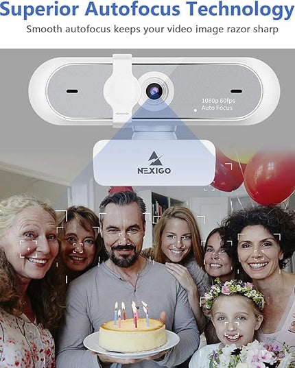 NexiGo N660P (Gen 2) 1080P 60FPS Webcam with Software Control, Dual Microphone & Cover, Autofocus, HD USB Computer Web Camera, for OBS/Zoom/Skype/FaceTime/Teams/Twitch, White