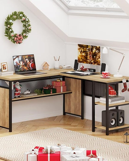 FATORRI L Shaped Computer Desk with Wood Shelves, Industrial Rustic Home Office Corner Desk with Metal Legs (Rustic Oak, 59 Inch)
