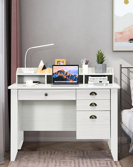 Tangkula White Desk with 4 Storage Drawers & Hutch, Home Office Computer Vintage Desk, Writing Study Table with Storage Shelves, Wooden Executive Desk (White)