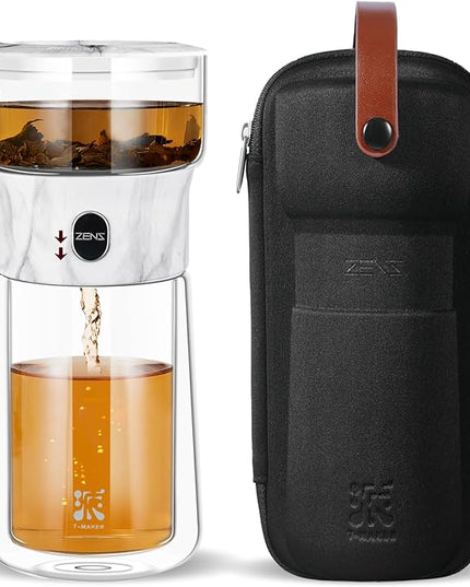 ZENS Modern One Touch Tea Maker, Glass Teapot with Infuser for Loose Leaf Tea Diffusers, Mess-Free Smart Pouring with Insulated Mug and Portable Tea Kits for Tea Lover Gifts