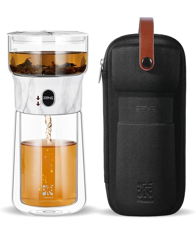 ZENS Modern One Touch Tea Maker, Glass Teapot with Infuser for Loose Leaf Tea Diffusers, Mess-Free Smart Pouring with Insulated Mug and Portable Tea Kits for Tea Lover Gifts