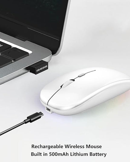 Wireless Bluetooth Mouse Rechargeable Laptop Mice Silent Slim Use(BT5.2 and 2.4G Portable USB Receiver) Dual Mode Computer Mouse for Laptop/iPad/Tablet/Apple/Computer/Mac(Bright White)