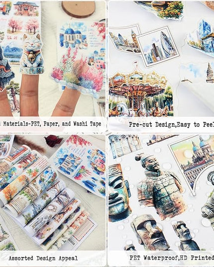 Dwpetzo Travel Scenery Scrapbook Stickers for Scrapbooking, Precut Landmark PET Washi Sticker Book for Journaling, Junk Journals Supplies, Planner, Crafts Arts, A5, 20 Sheets