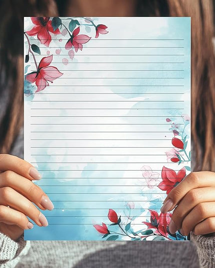 PARTH IMPEX 56 Sheets Watercolor Floral Lined Writing Paper 8.5x11 - Letter Size Ruled Stationery Letterhead Printer Paper - 120gsm Thick Decorative scrapbooking Colored Antique Aged Flowers Design