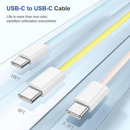 USB C to USB C Charging Cable,3-Pack [3.3/6/10FT] (60W)Nylon Braided Type C Fast Charge Cord,USBC Fast Charging Cable for iPhone 15/15 Pro Max/15Pro/MacBook Air 2023/iPad Pro 2023,iPad Air 5,and More