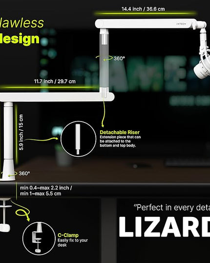 IXTECH White Microphone Boom Arm Stand Low Profile Boom Arm Adjustable Mic Stand with Built In Cable Management 360° Swivel Mic Arm.