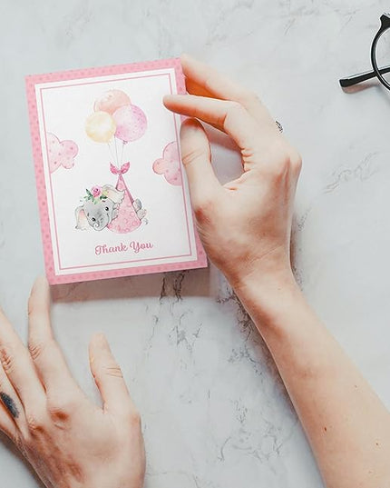 Twigs Baby Shower Thank You Cards with Envelopes - 12 Set Baby Shower Cards for Girl, New Baby Congratulations Cards, Welcome Baby Card, Made in the USA - Pink Elephant Designs, 5.5 x 4.25 Inch Size