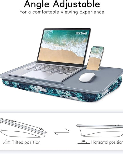 Millhome Lap Desk | Portable Laptop Desk – Fits Up to 17.3" Laptops –Detachable & Washable, Phone Holder, Device Ledge – for Writing, Working, Reading on Bed, Couch, Sofa, Floor – Blue Waves